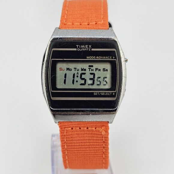 VTG Timex Men's Digital Watch 34MM Gray Case New Orange Canvas Bands New Battery - Picture 1 of 16